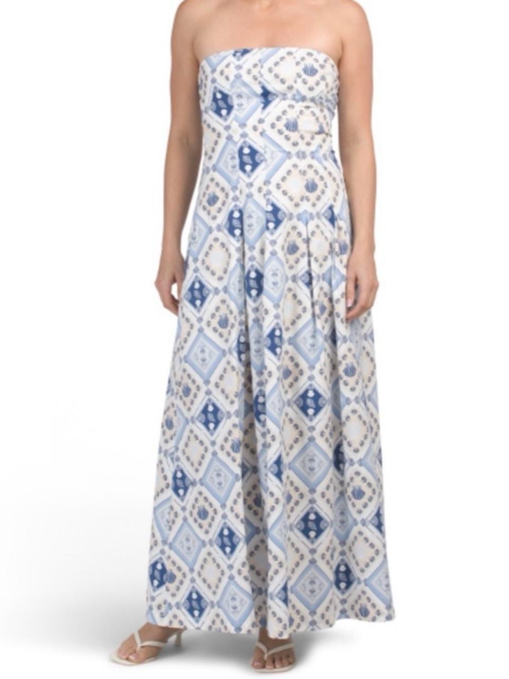 7 For All Mankind Strapless Tile Print Pleated Cotton Maxi Dress SZ S